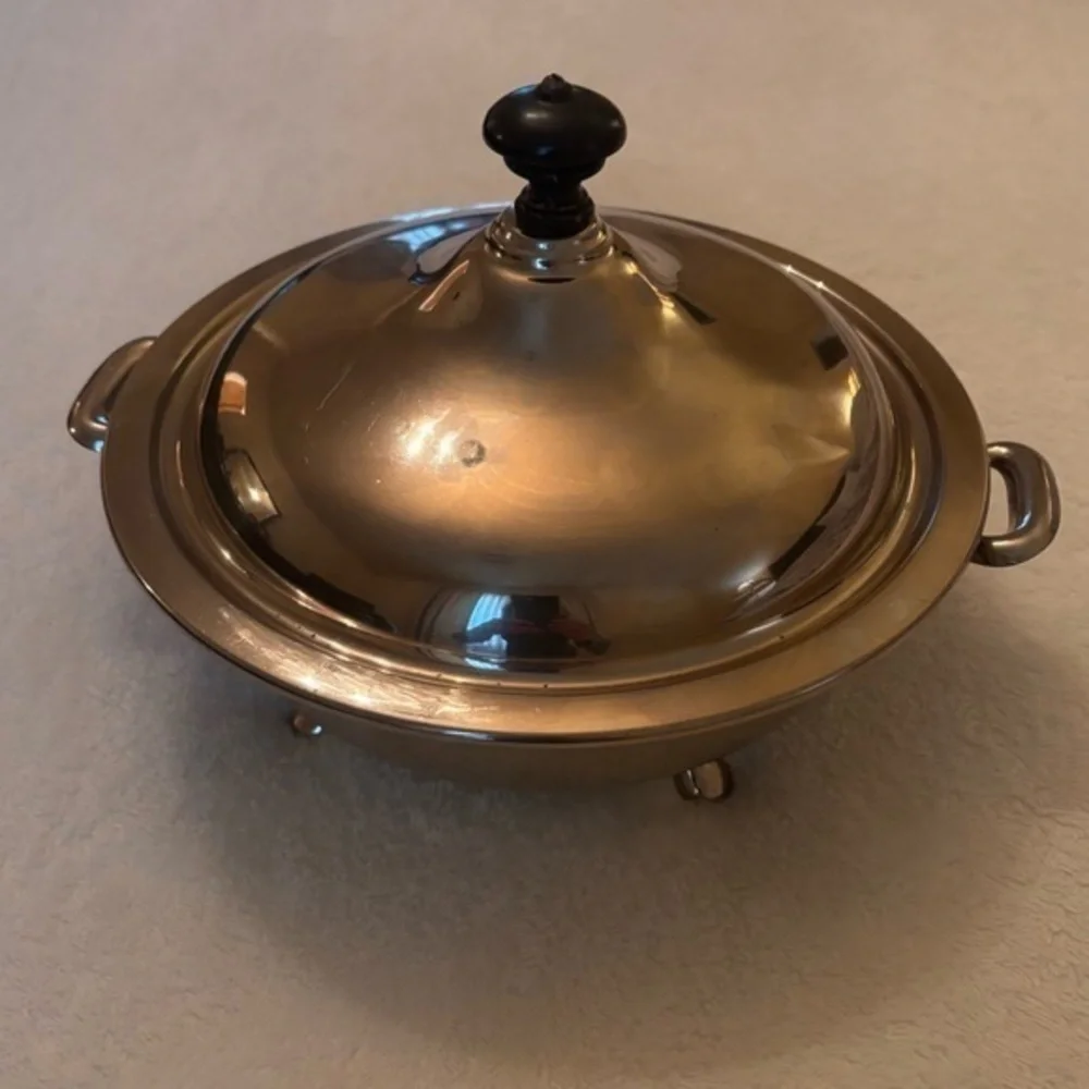 Vintage Silver Footed & Lidded Serving Dish with Cobalt Blue Insert Dish